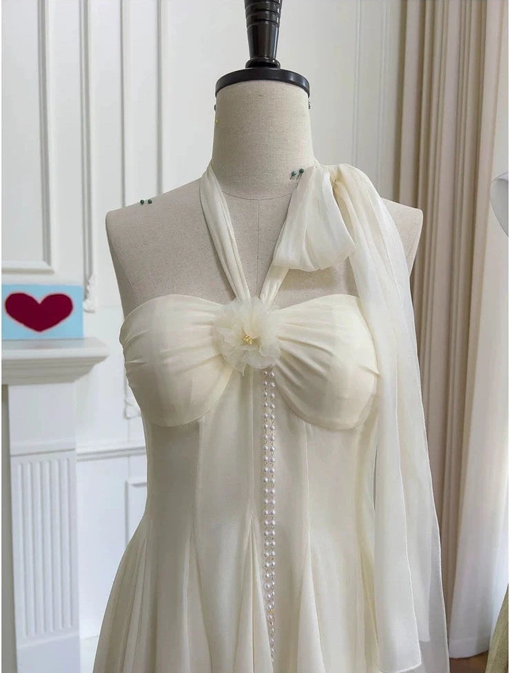 Elegant Ivory Halter Chiffon A Line Short Homecoming Dress With Floral And Pearl Chain Detail AS2947