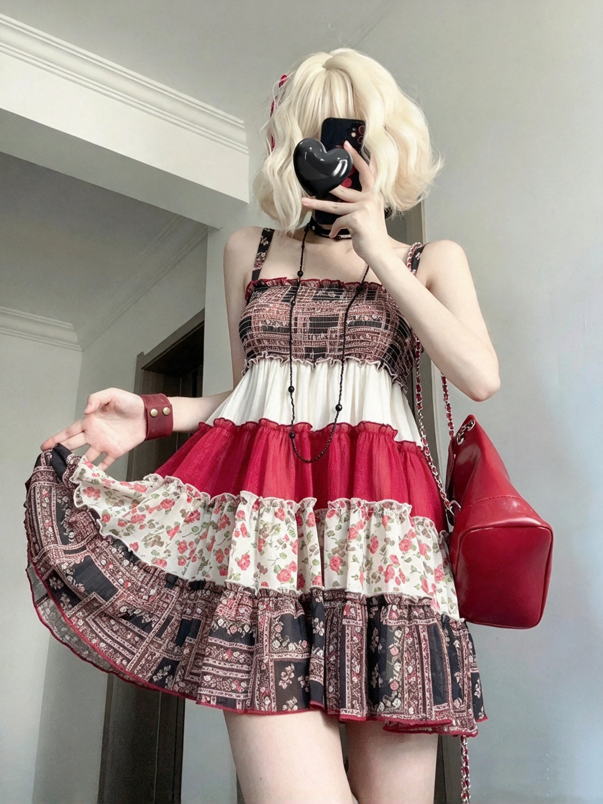 Chic Red Patchwork Floral Spaghetti Strap Ruffle A Line Short Homecoming Dress AS2960