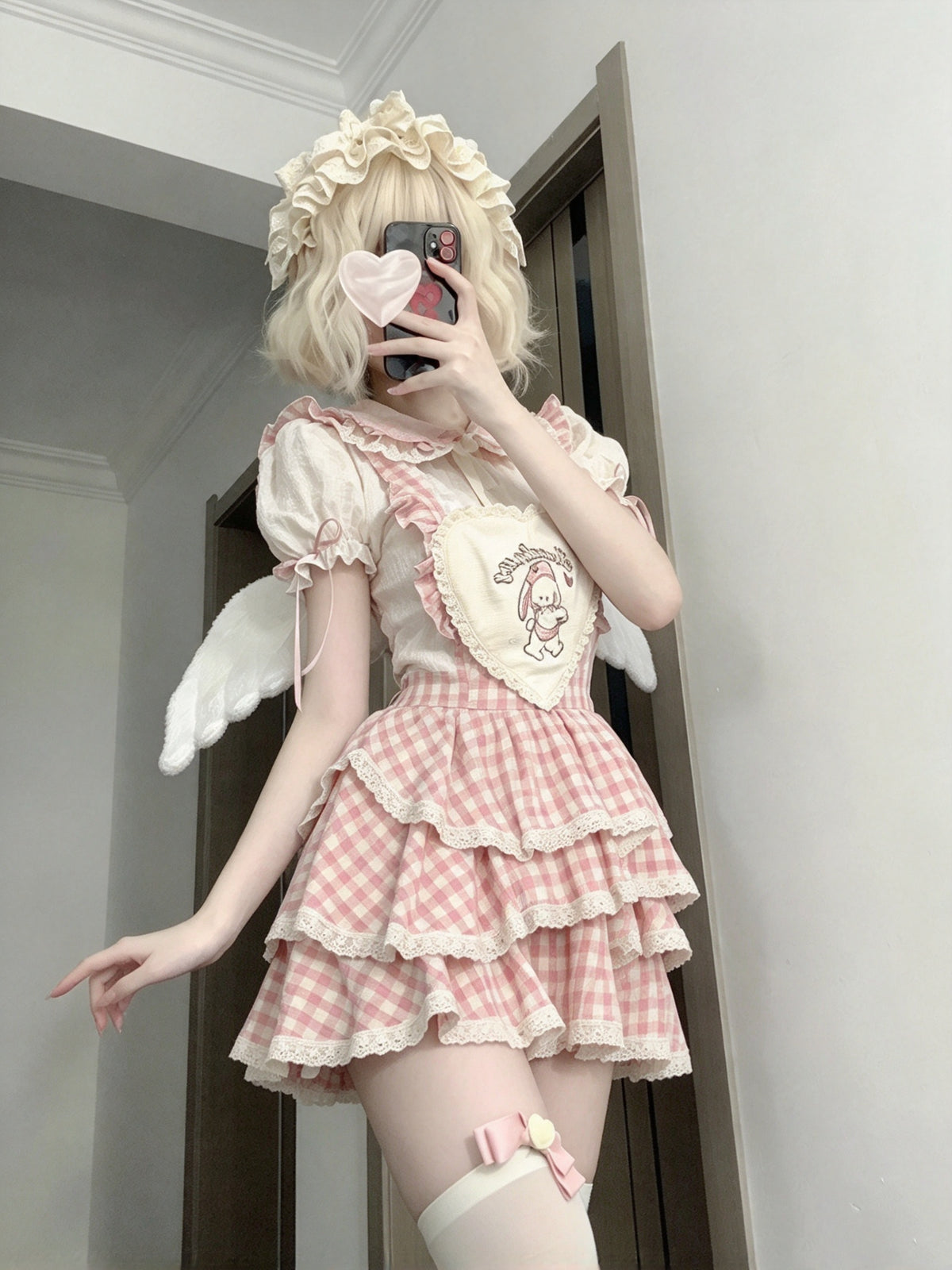 Lovely Pink Gingham Peter Pan Collar Heart Accent Tiered Ruffle Lolita A Line Short Homecoming Dress AS2961