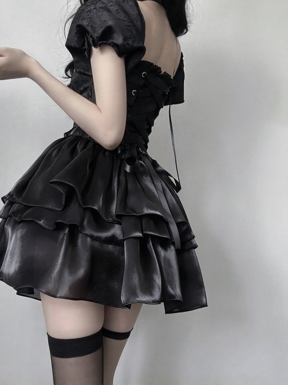 Chic Black Square Neck Puff Short Sleeve Bow A Line Short Homecoming Dress AS2963