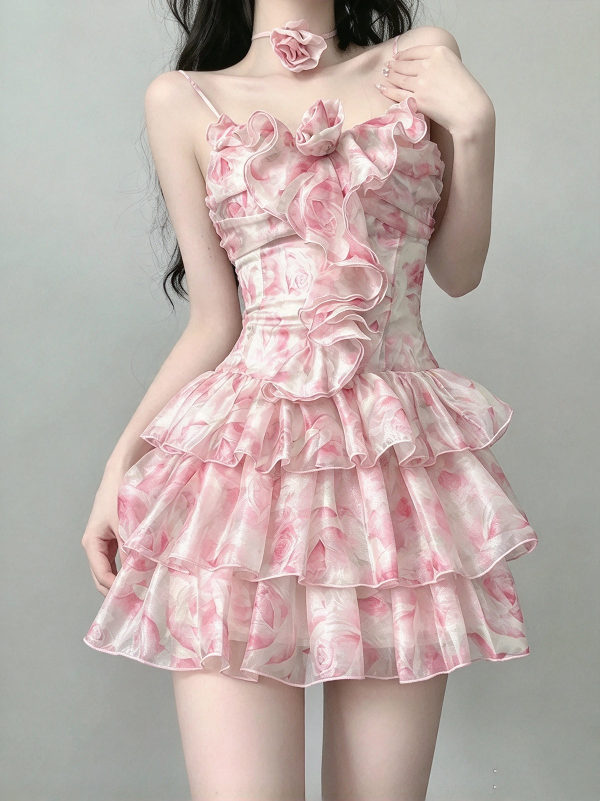 Romantic Pink Floral Print Ruffled Spaghetti Strap A Line Short Homecoming Dress AS2972