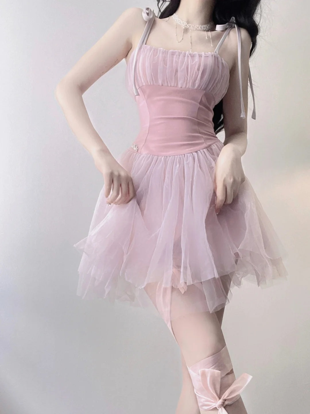 Dreamy Pink Bow Strap Ruched Corset Tulle A Line Short Homecoming Dress AS2975