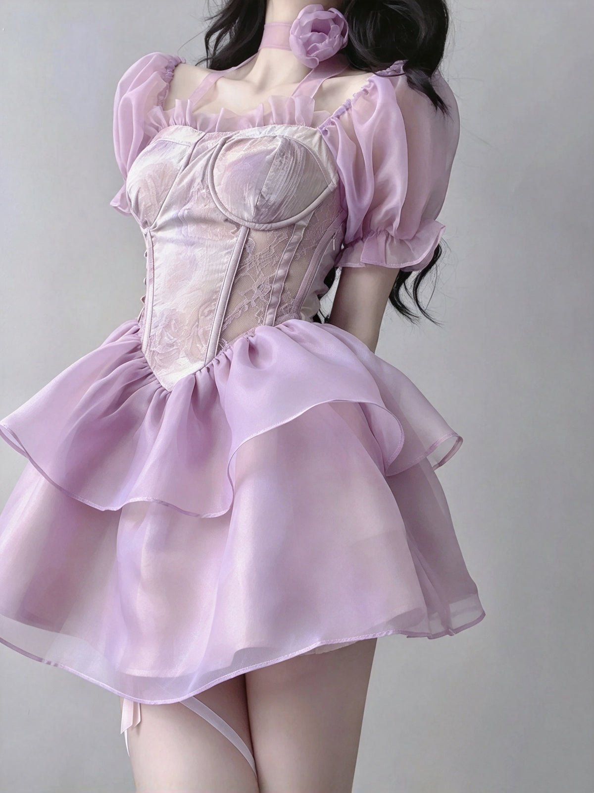 Charming Lavender Square Neck ShortbPuff Sleeve Lace Corset A Line Short Homecoming Dress AS2980