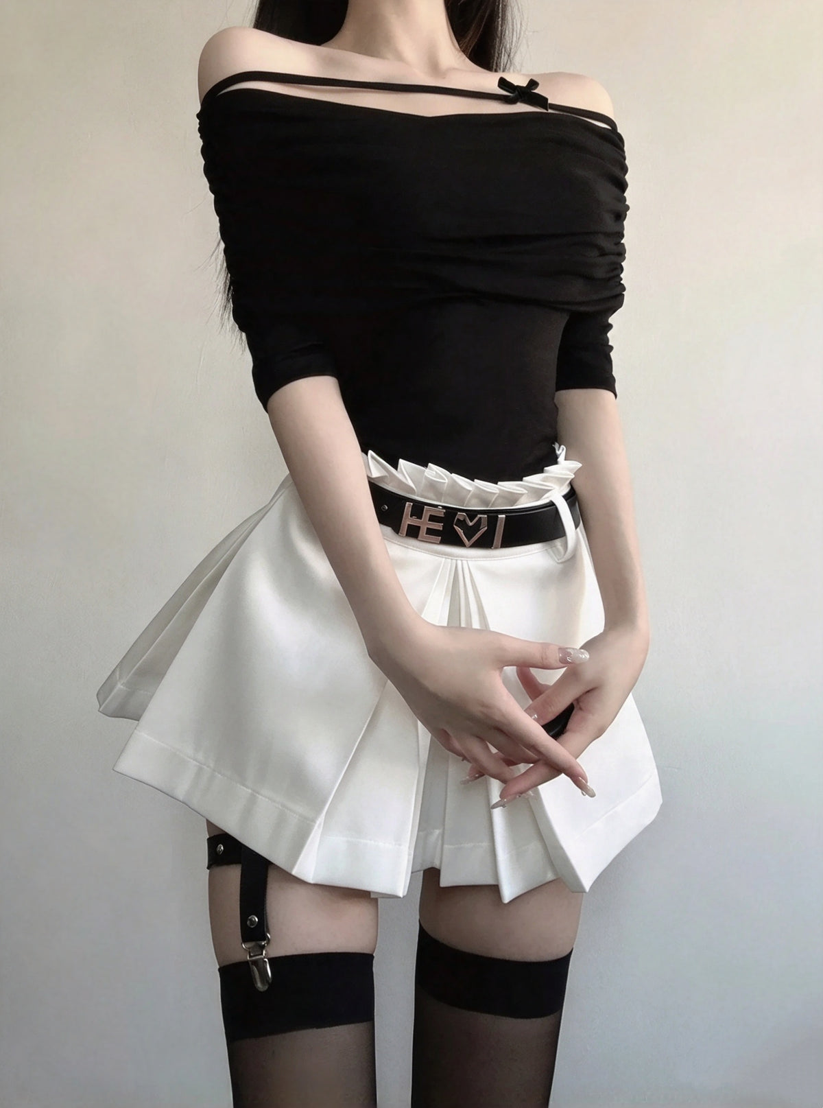 Stylish Black Off Shoulder Ruched Top With White Pleated Mini Skirt Set A Line Homecoming Dress AS2985