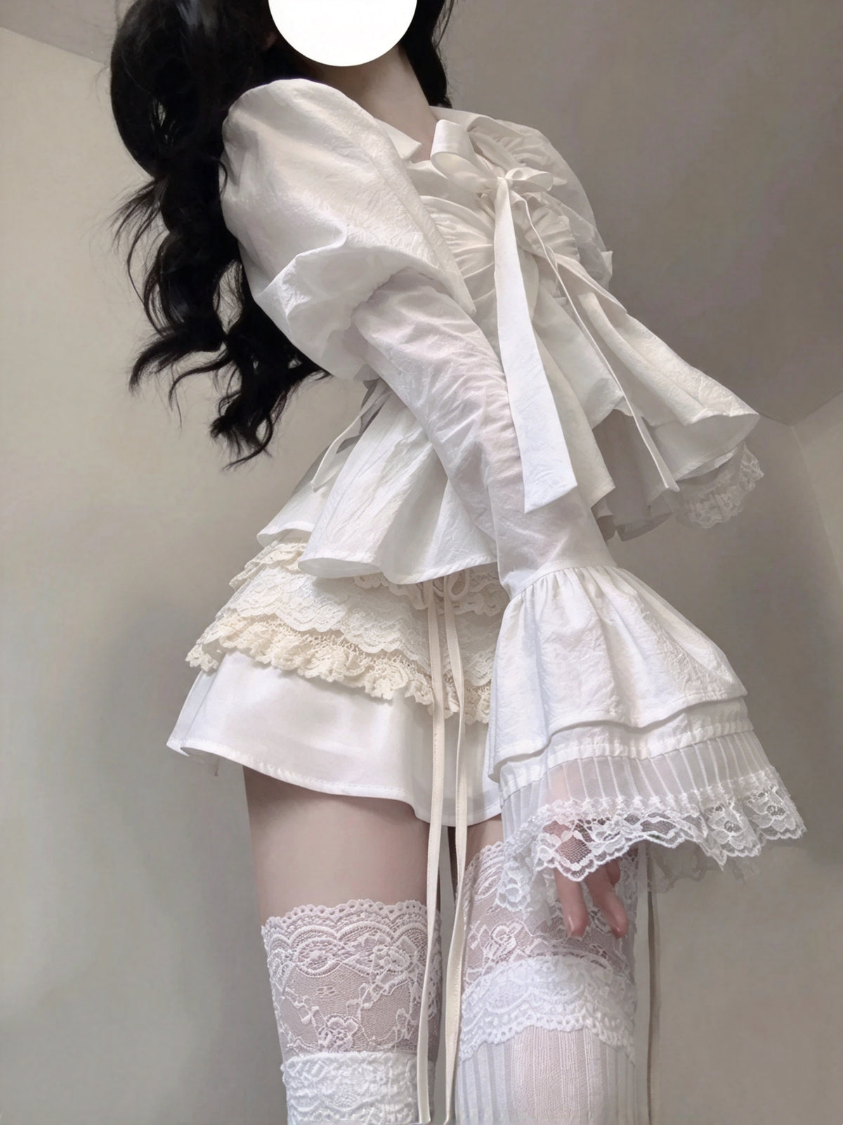 Elegant White Puff Flare Sleeve Bow Blouse With Tiered Lace Ruffle Mini Skirt Set A Line Homecoming Dress AS2988