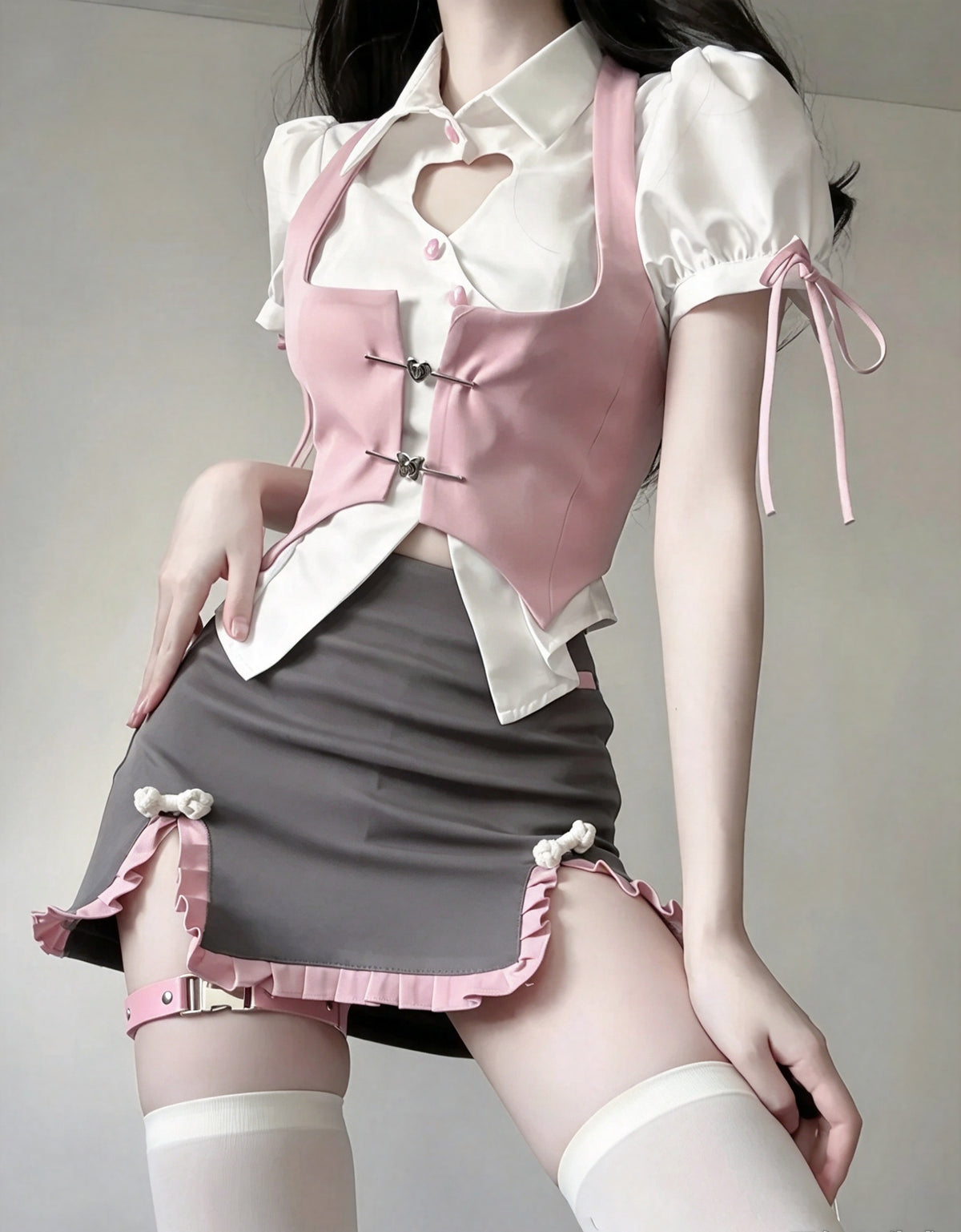 Cute White Collar Puff Sleeve Heart Cutout Shirt With Pink Vest And Grey Ruffle Mini Skirt Set Bodycon Homecoming Dress AS2992