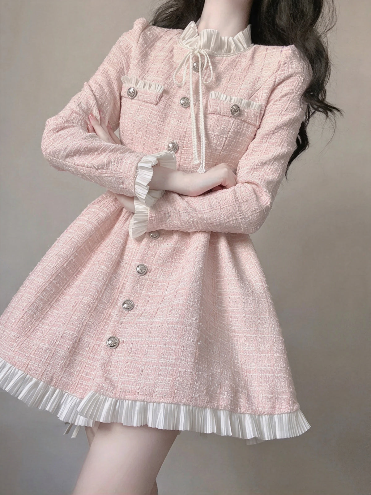Chic Pink Tweed Ruffle Collar Bow Long Sleeve Button Front A-line Short Homecoming Dress AS2996