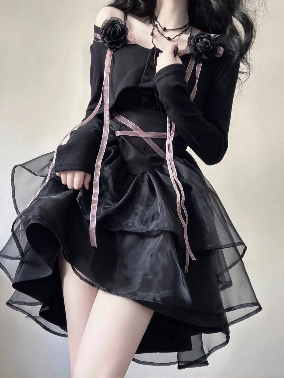 Edgy Black Off Shoulder 3D Rose Pink Ribbon Shrug A Line Short Homecoming Dress AS2997