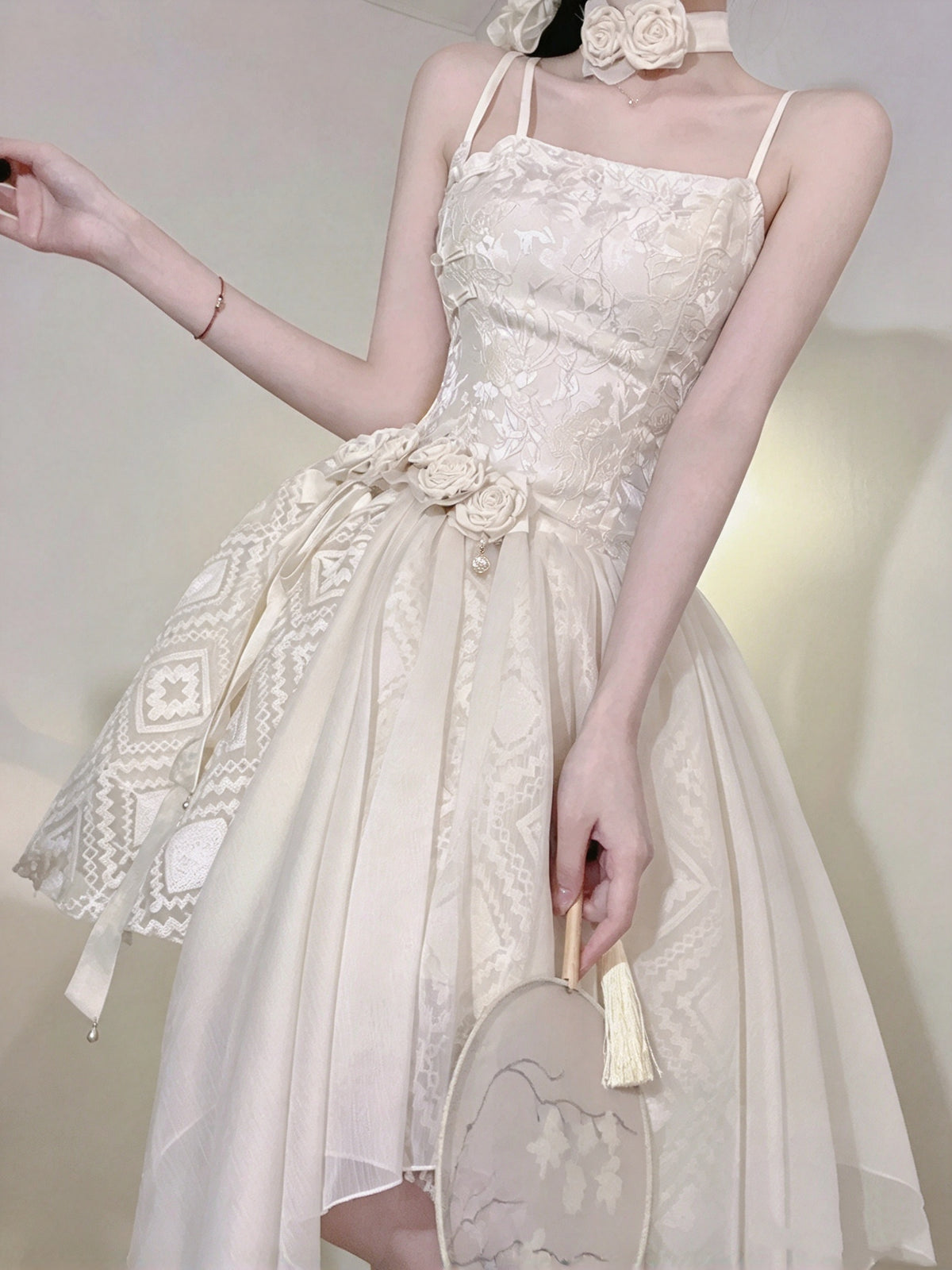 Elegant Cream Spaghetti Strap 3D Floral Decor Asymmetrical Tulle A Line Short Homecoming Dress AS2999