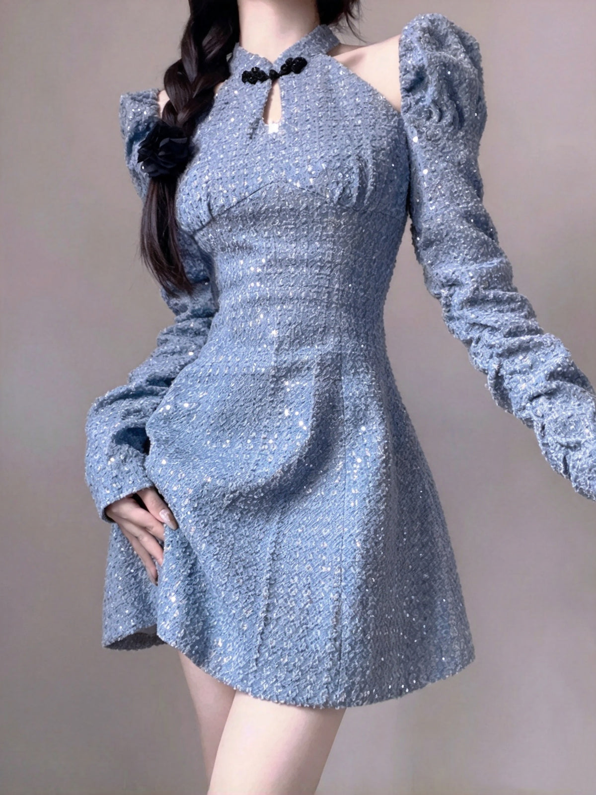 Charming Blue Sequin Halter Cold Shoulder Puff Long Sleeve A-line Short Homecoming Dress AS3004