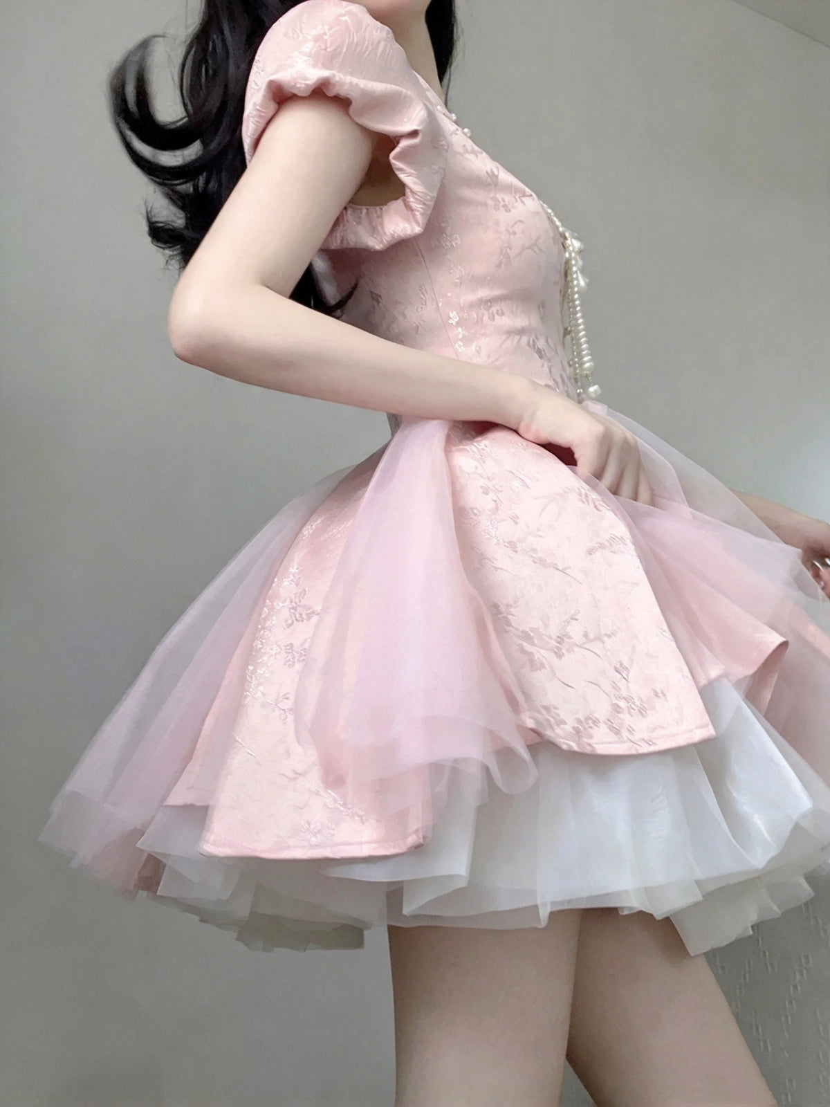 Cute Pink Jacquard Stand Collar Short Puff Sleeves A Line Short Homecoming Dress With Tassel Pearl AS3016