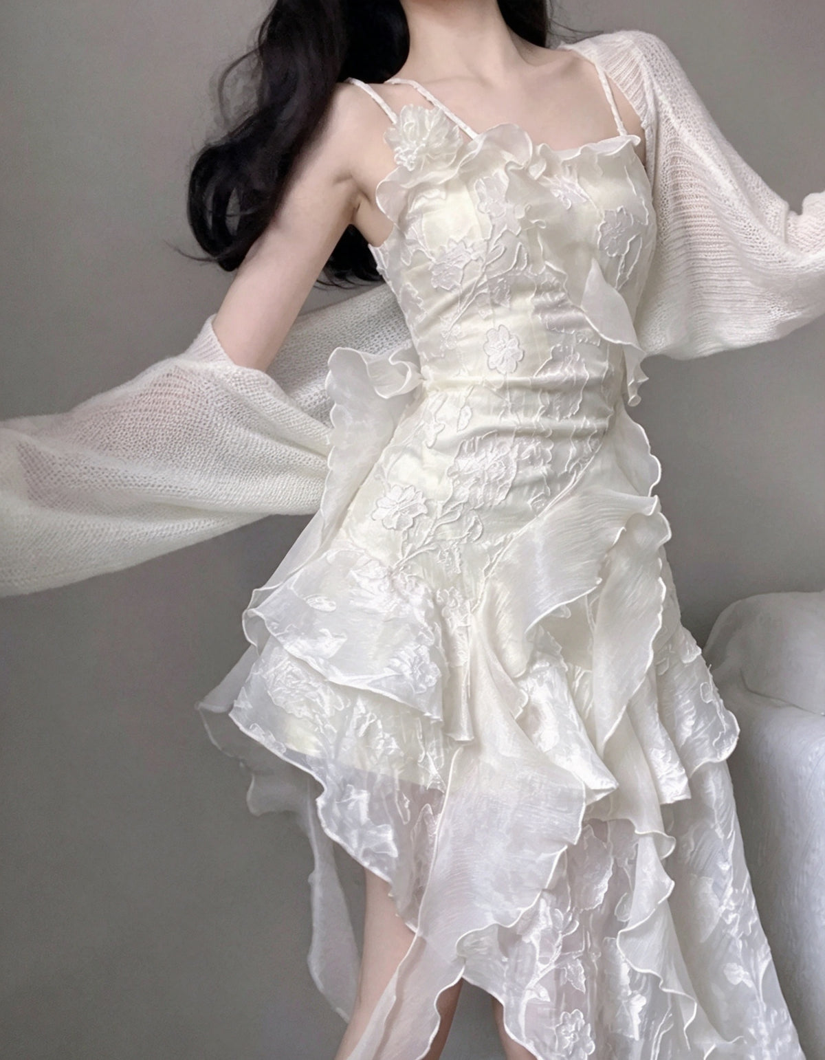 Gorgeous Ivory Floral Embroidery Spaghetti Strap A Line Short Homecoming Dress With Cascading Ruffled Irregular Hem AS3020
