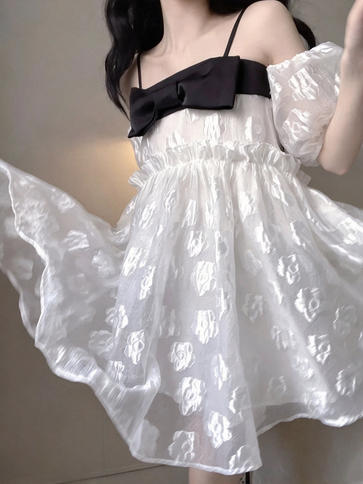 Cute White Floral Jacquard Off Shoulder Puff Sleeve A Line Short Homecoming Dress With Black Bow And Strap AS3024