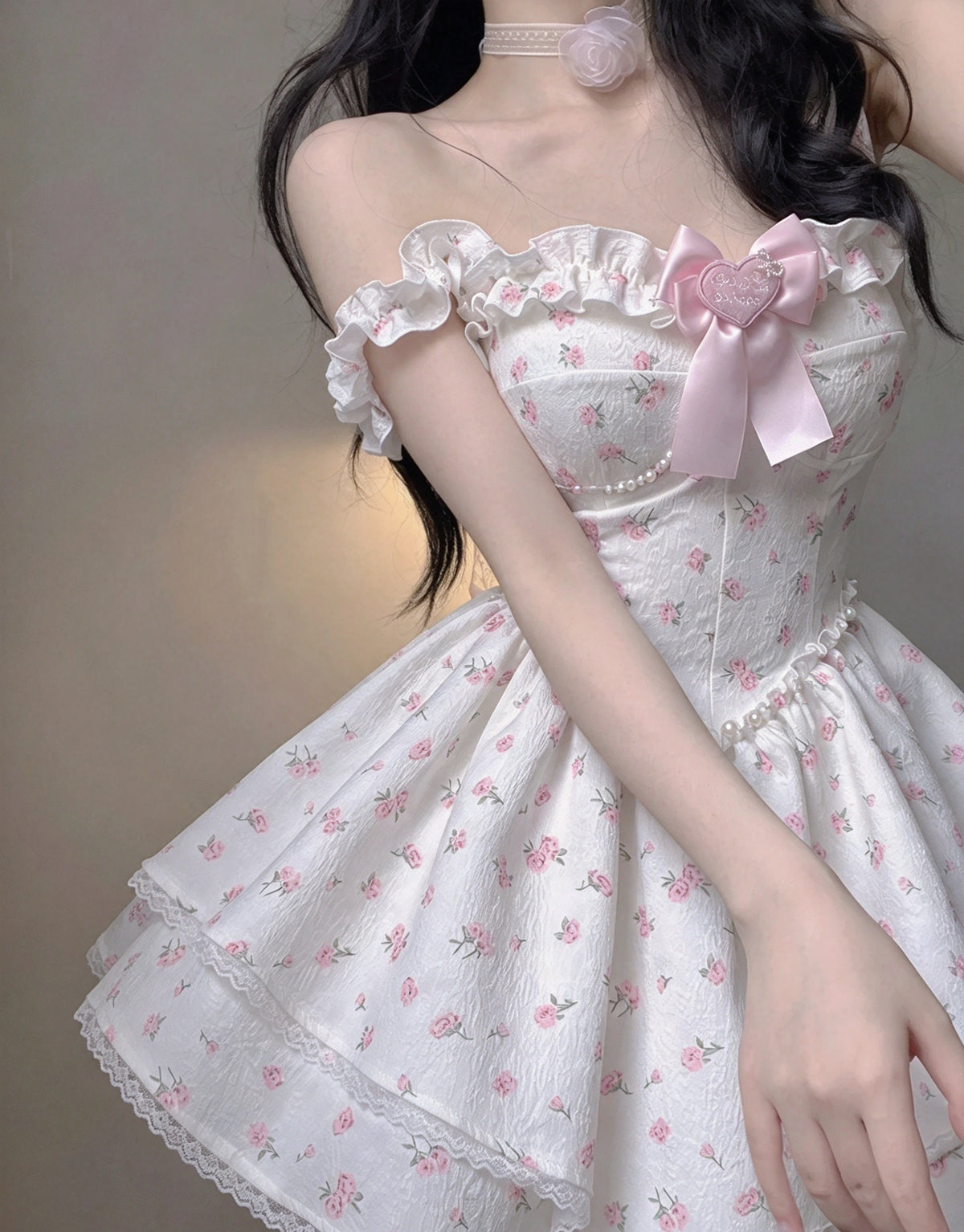 Sweet White Pink Floral Strap A Line Short Homecoming Dress With Heart Bow AS3028