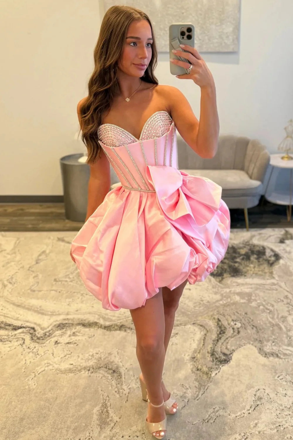 Pink Bubble Hem Homecoming Dress With Rhinestone Corset Bodice And Bow AS303