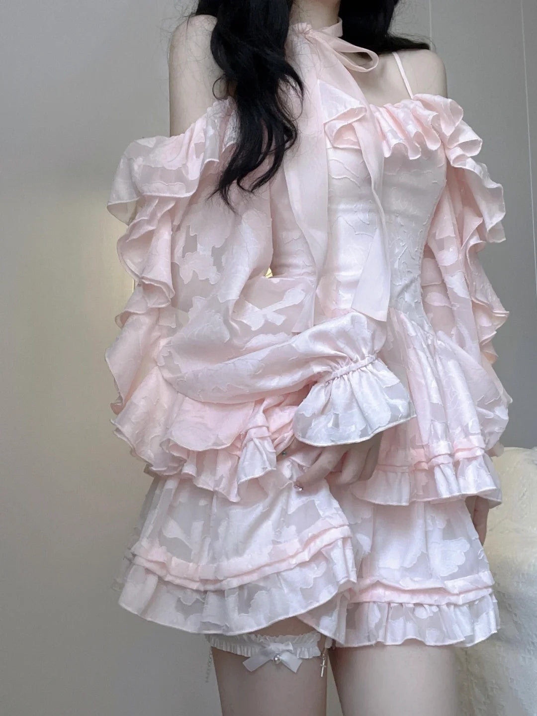Delicate Pink Jacquard Off Shoulder Spaghetti Straps Ruffled A Line Short Homecoming Dress AS3034
