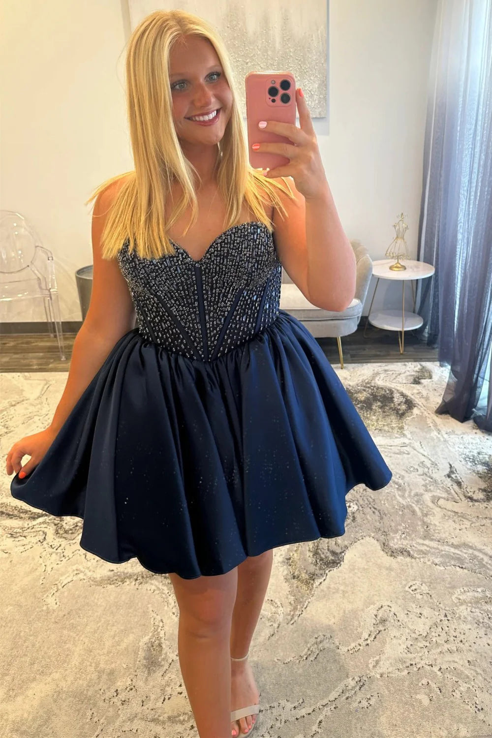 Satin Homecoming Dress With Beaded Corset Bodice And Sweetheart Neckline AS304