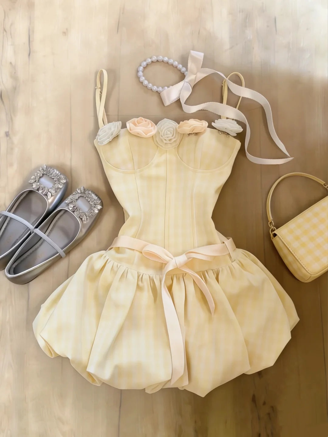 Lovely Pale Yellow Spaghetti Strap A Line Bubble Short Homecoming Dress With 3D Floral Appliques And Bow Belt AS3047