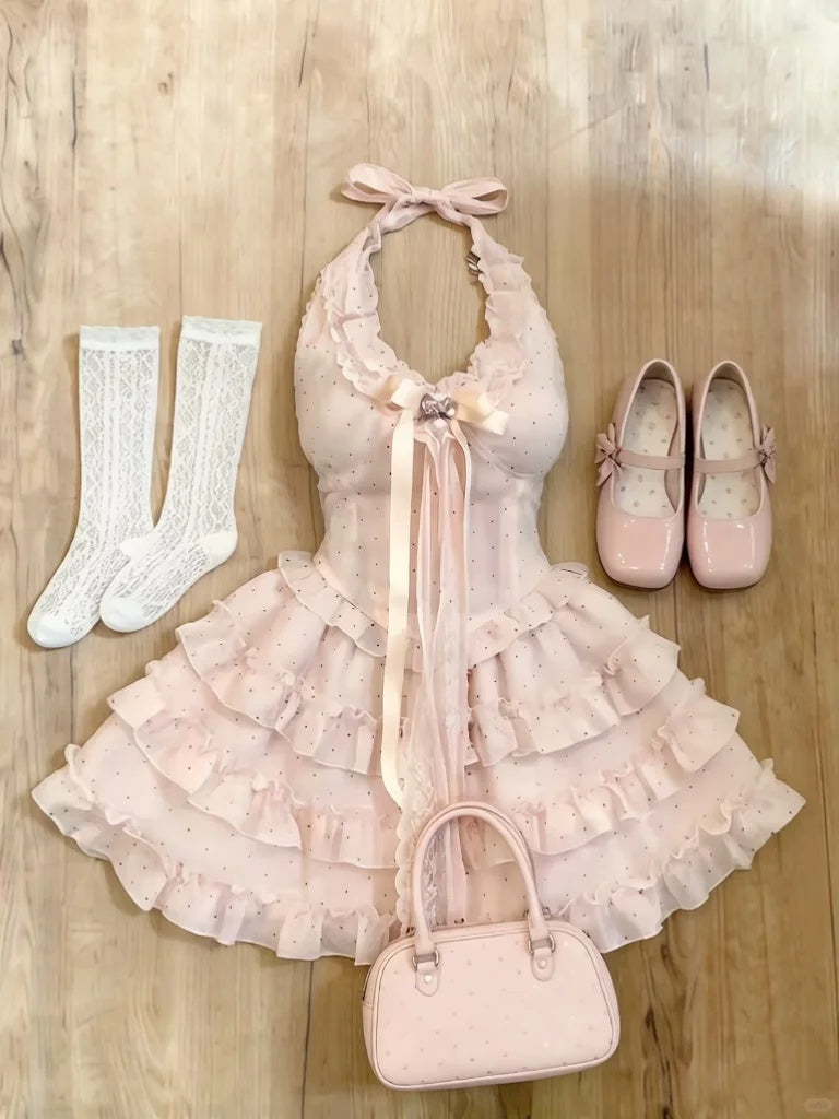 Cute Pink Polka Dot Halter A Line Short Homecoming Dress With Front Bow AS3049