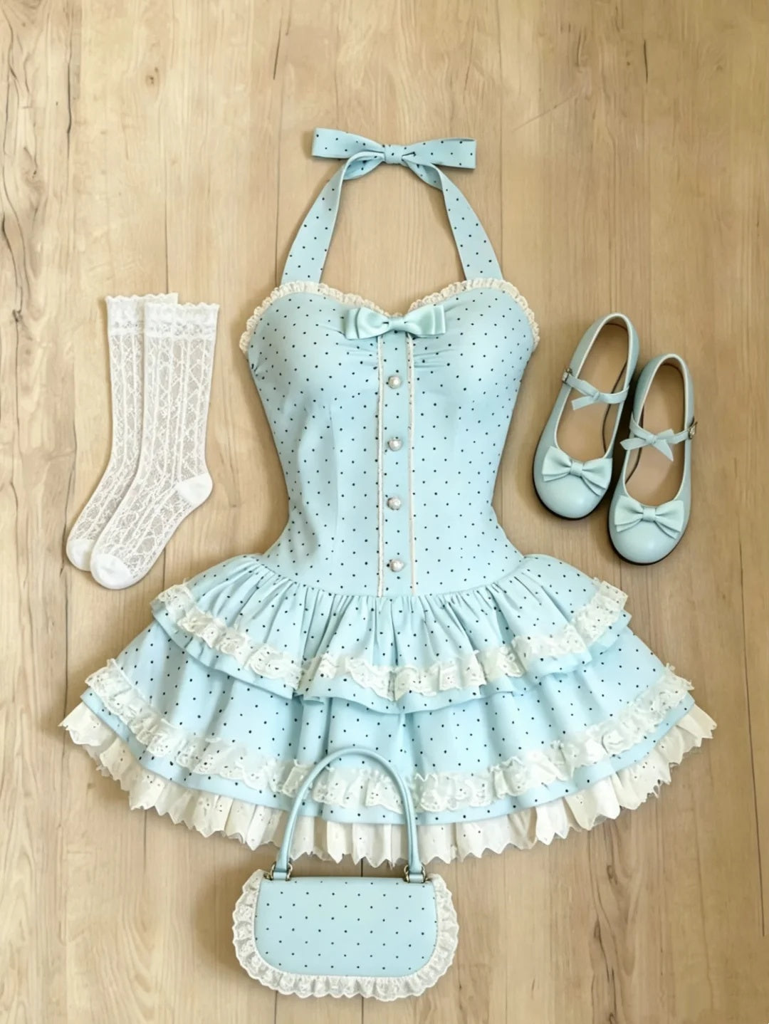 Cute Light Blue Polka Dot Halter A Line Short Homecoming Dress With Bow And Buttons AS3050