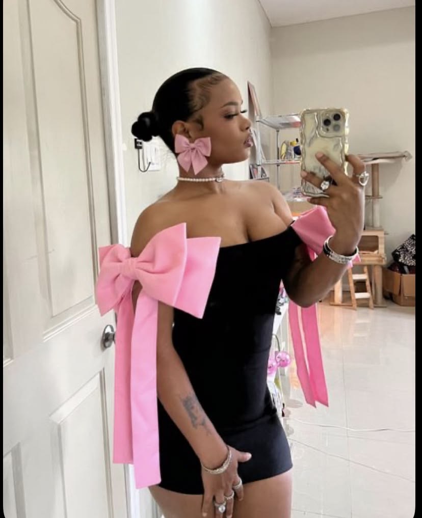 Chic Black Off Shoulder Bodycon Short Homecoming Dress With Oversized Pink Bow AS3065