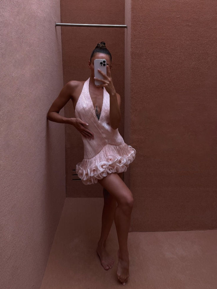 Romantic White Halter Deep V Neck Textured Ruffle A Line Short Homecoming Dress AS3081