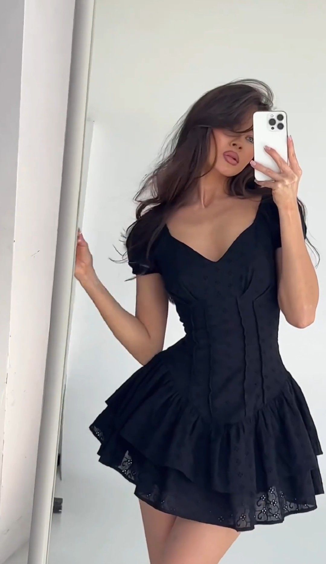Elegant Black Puff Sleeve V Neck Eyelet Embroidery A Line Short Homecoming Dress AS3100