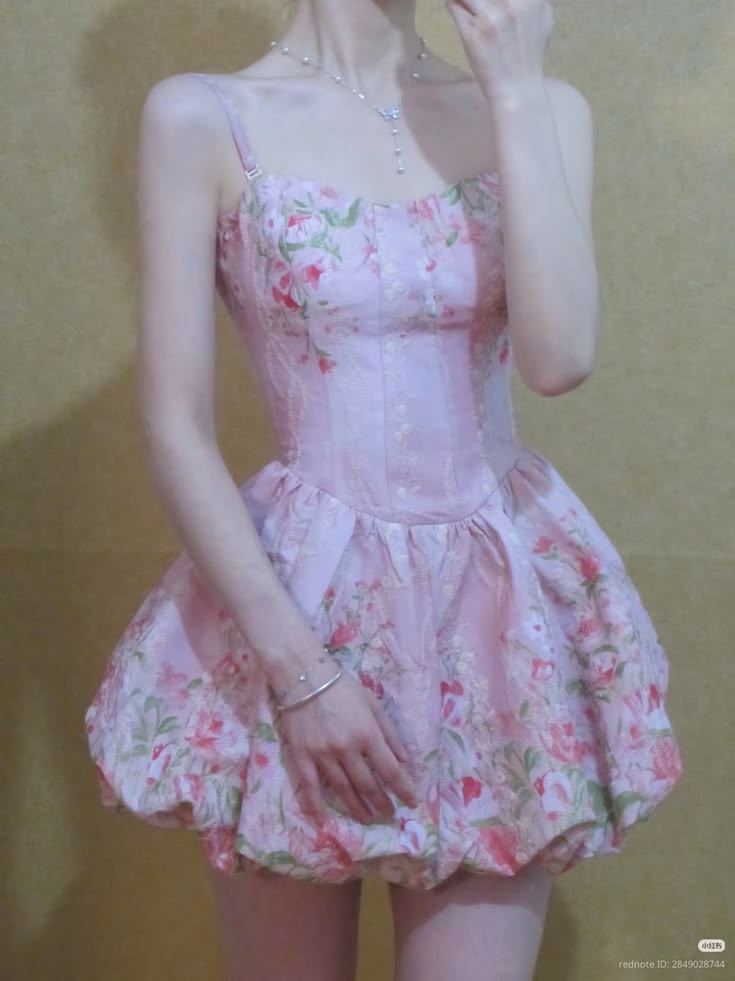 Sweet Pink Floral Print Spaghetti Strap Bubble Hem A Line Short Homecoming Dress AS3106