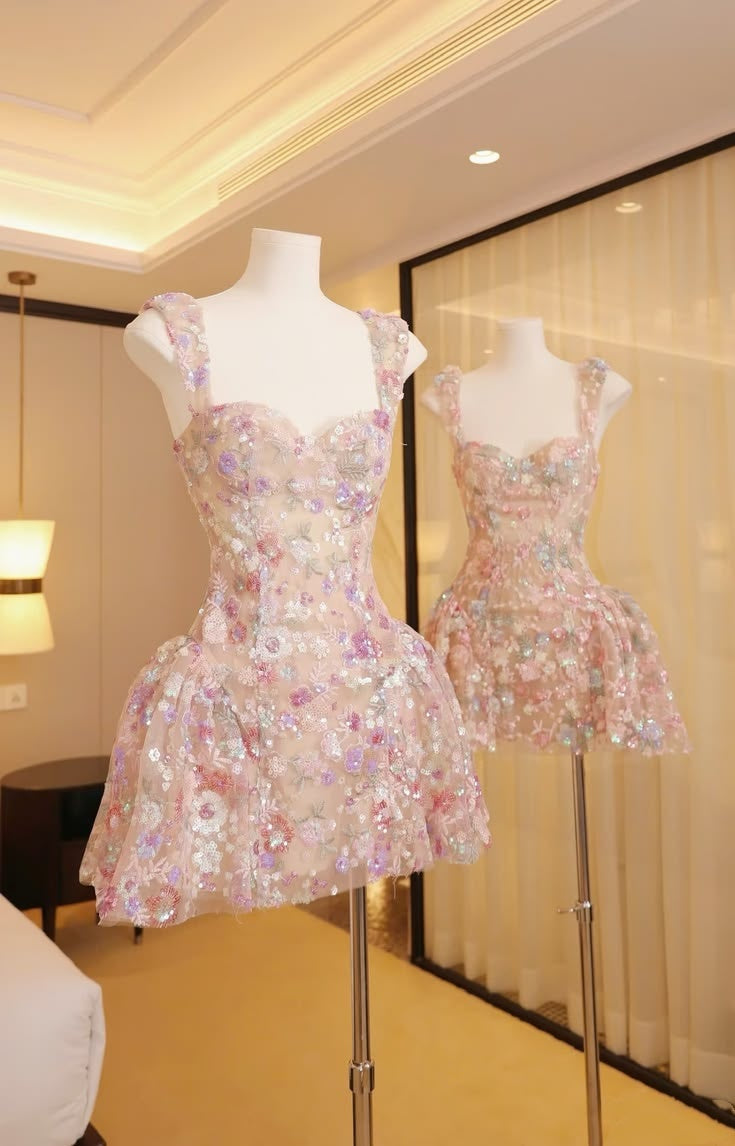 Whimsical Pink Sweetheart Wide Strap Floral Sequin Beaded A Line Short Homecoming Dress AS3117