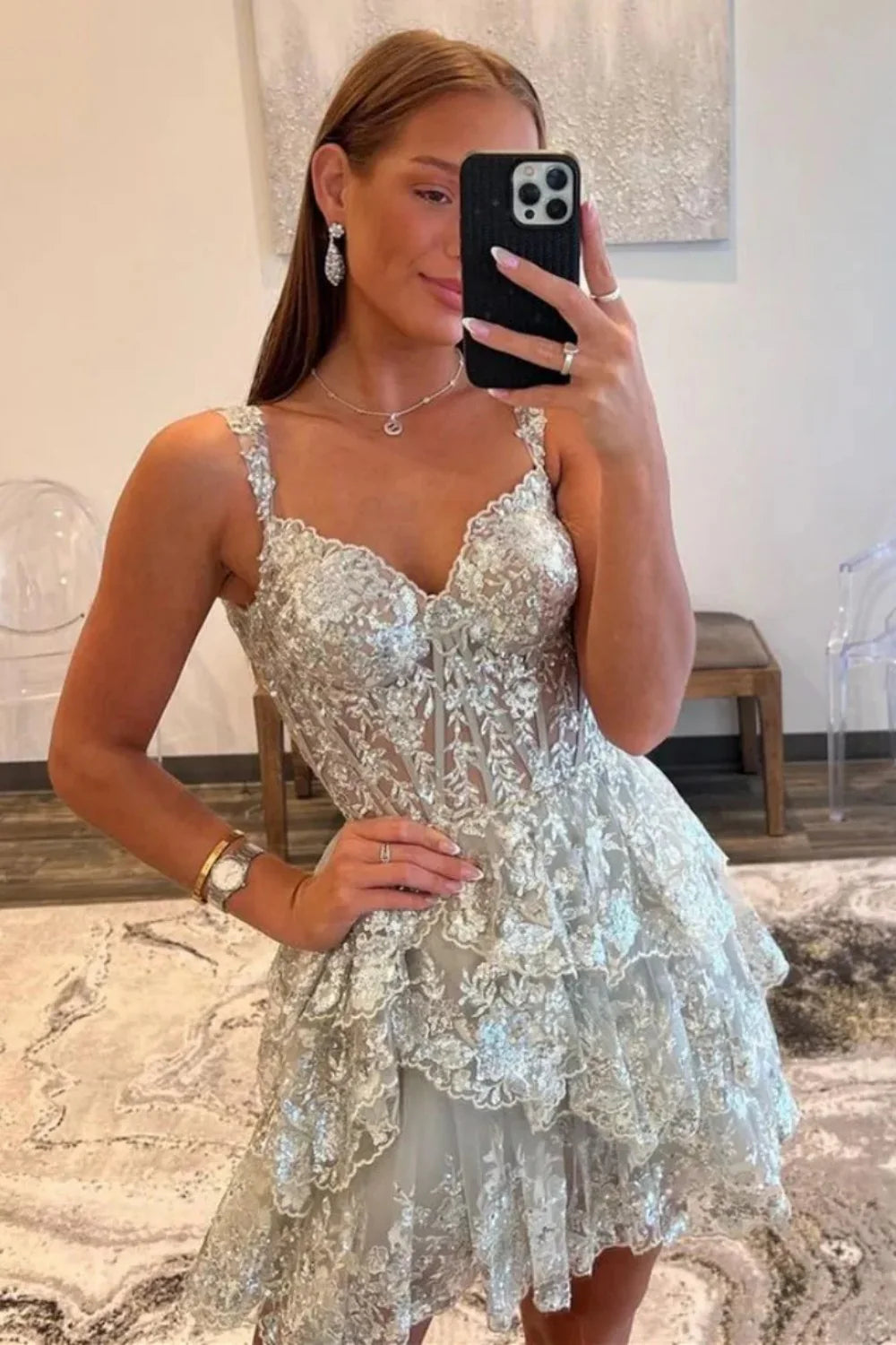 Stunning Off-Shoulder Sequin Lace Homecoming Dress With Corset Bodice And Tiered Skirt AS312