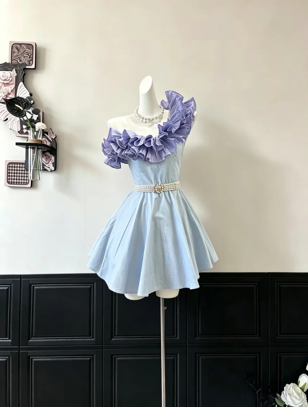 Chic Light Blue One Shoulder Pleated Ruffle Pearl Belt A-line Short Homecoming Dress AS3122