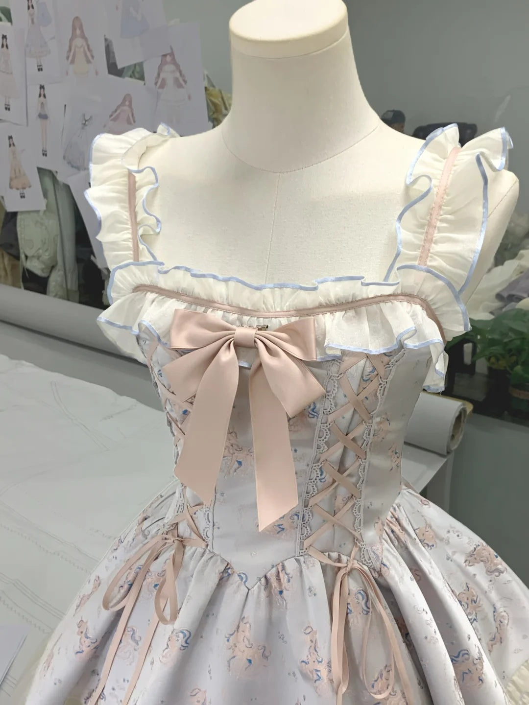 Cute Light Blue Unicorn Print Square Neck Ruffle Strap Lace Up Corset Bow A Line Short Homecoming Dress AS3126
