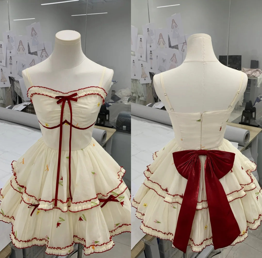 Sweet Cream Floral Embroidery Spaghetti Strap Bow RuffleA Line Short Homecoming Dress With Red Trim AS3133