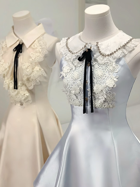 Charming Light Blue Peter Pan Collar Satin Floral Lace Bow A-line Short Homecoming Dress AS3134