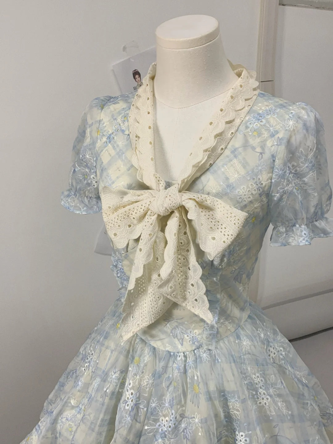 Soft Light Blue Plaid Floral Embroidery V Neck Puff Sleeve Bow A Line Short Homecoming Dress AS3139