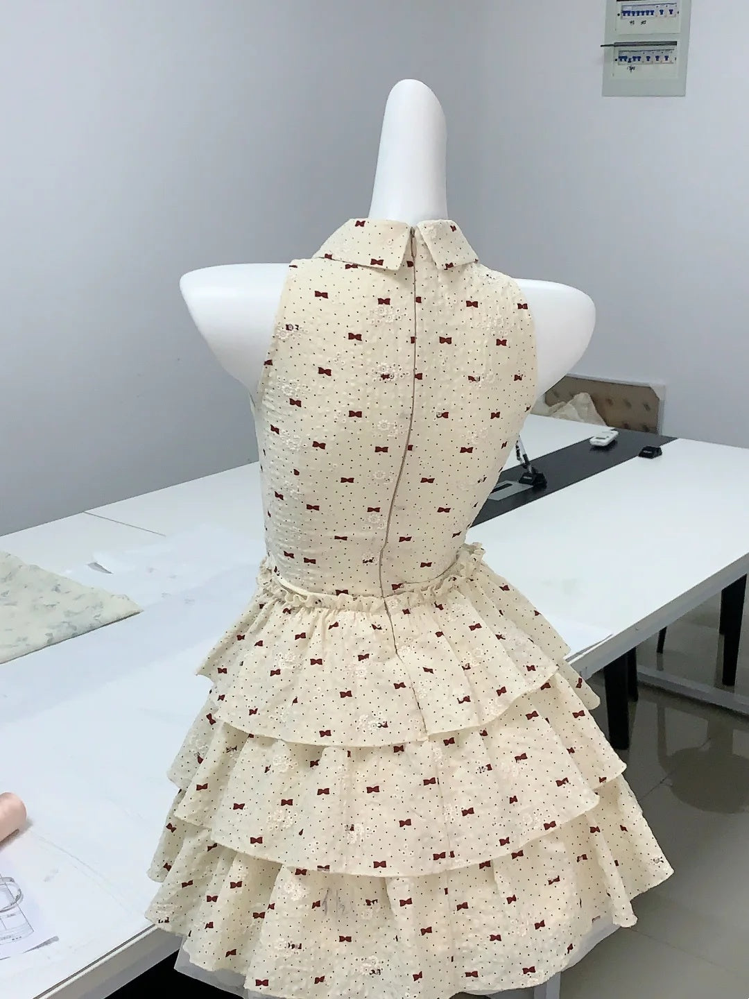 Sweet Cream Halter Collar Red Bow Print A Line Short Homecoming Dress AS3149