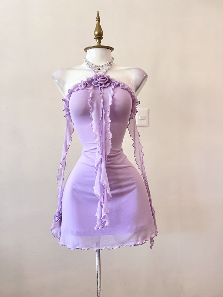 Dreamy Lavender Halter Neck 3D Flower Ruffle Bodycon Short Homecoming Dress AS3154