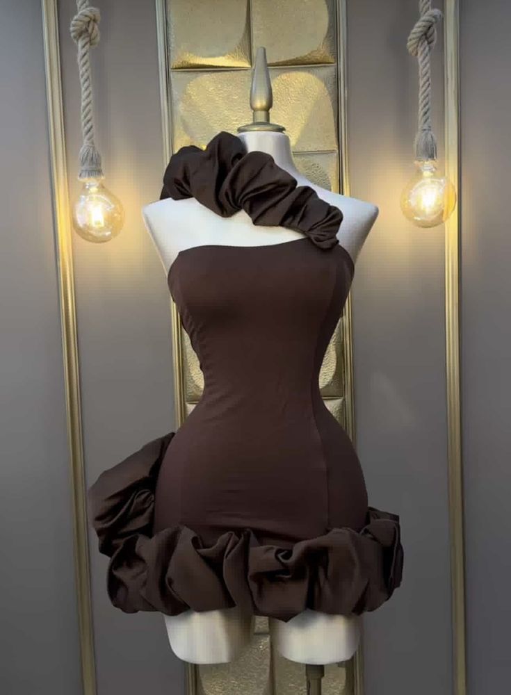 Luxury Brown One Shoulder Voluminous Ruffle Bodycon Short Party Dress Homecoming Dress AS3158