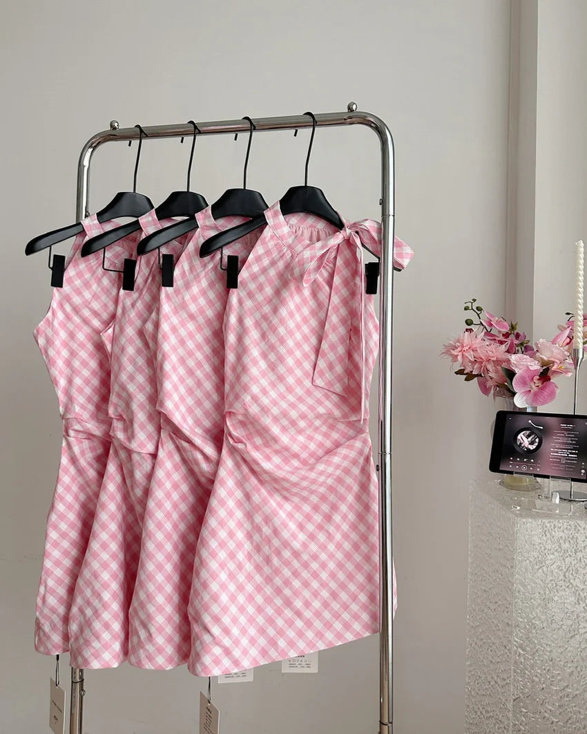 Cute Pink Gingham Halter Neck Bow Ruched Bodycon Short Homecoming Dress AS3160