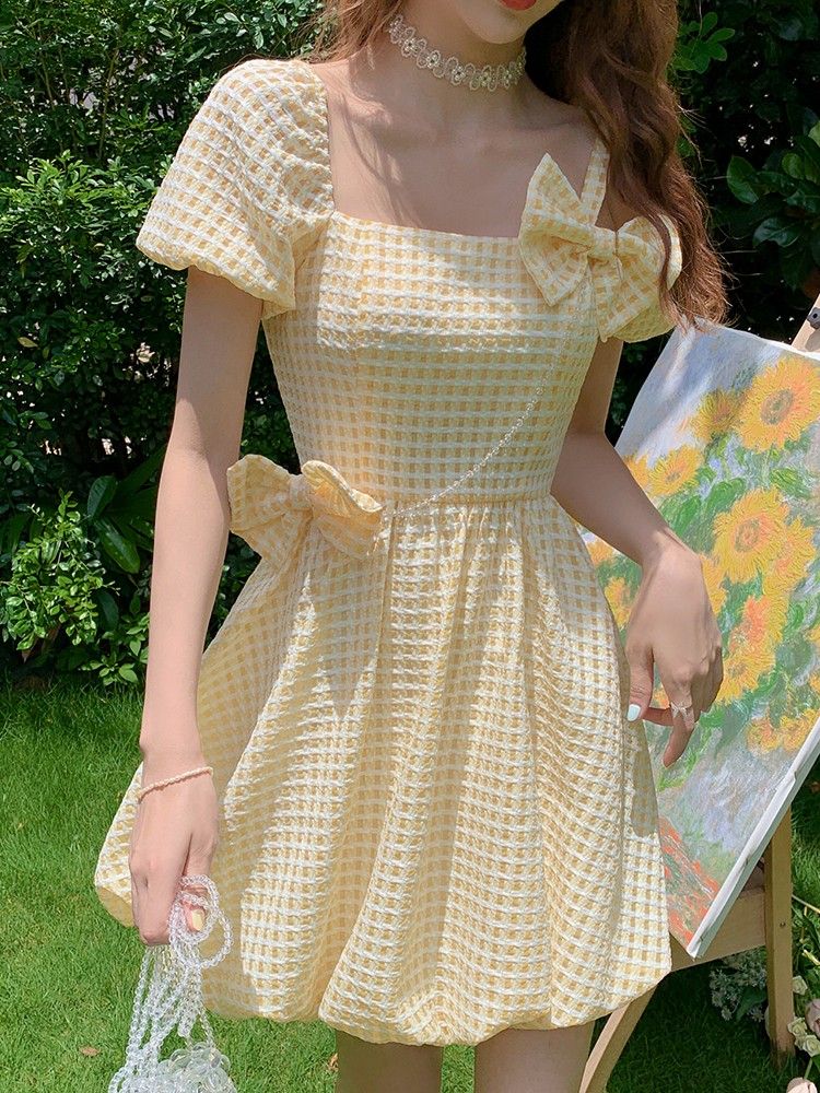 Cute Yellow Gingham Square Neck Puff Sleeve Bow A-line Short Homecoming Dress AS3162