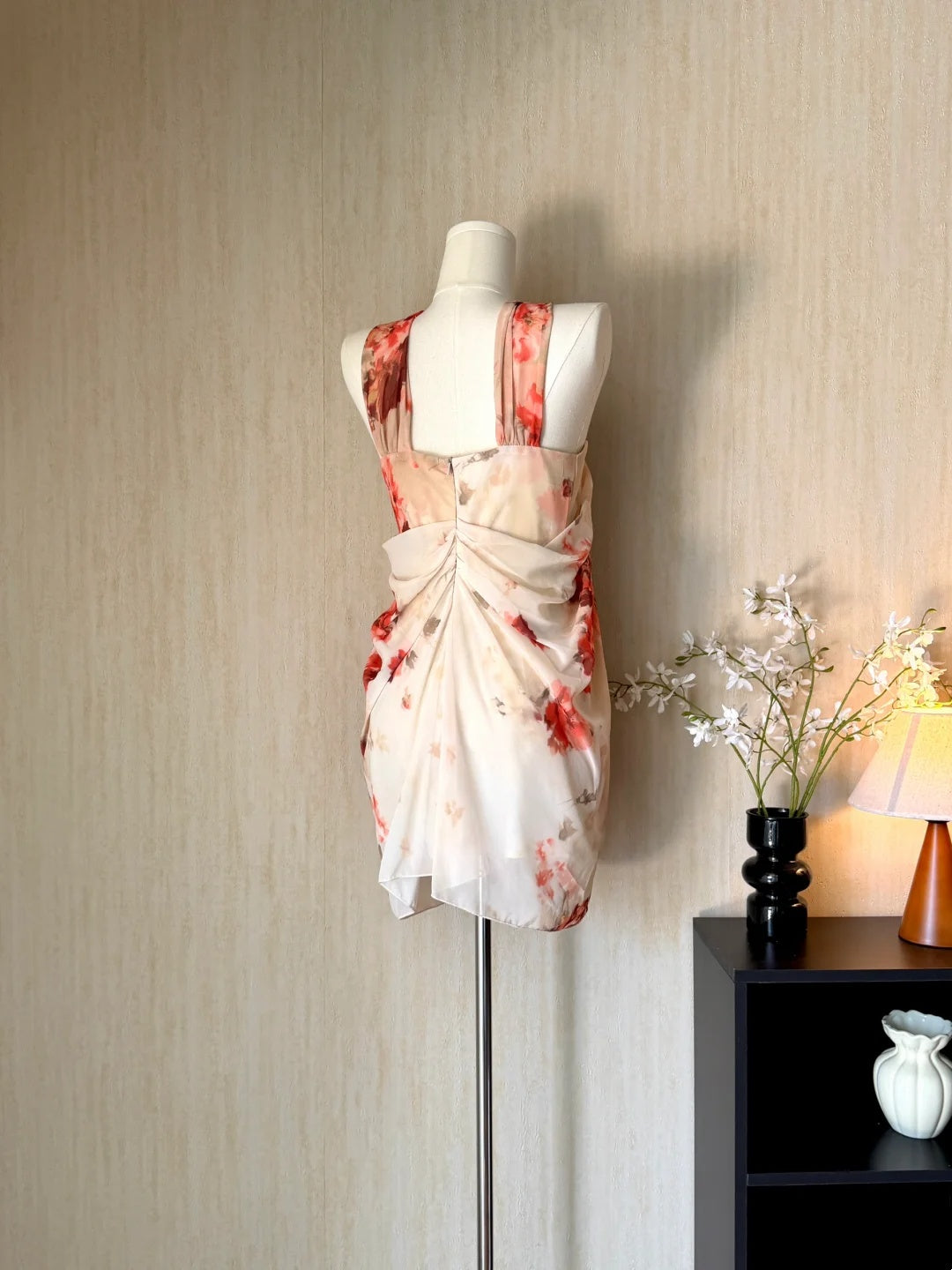 Elegant Halter Red Floral Print Draped Chiffon Sheath Short Homecoming Dress AS3178