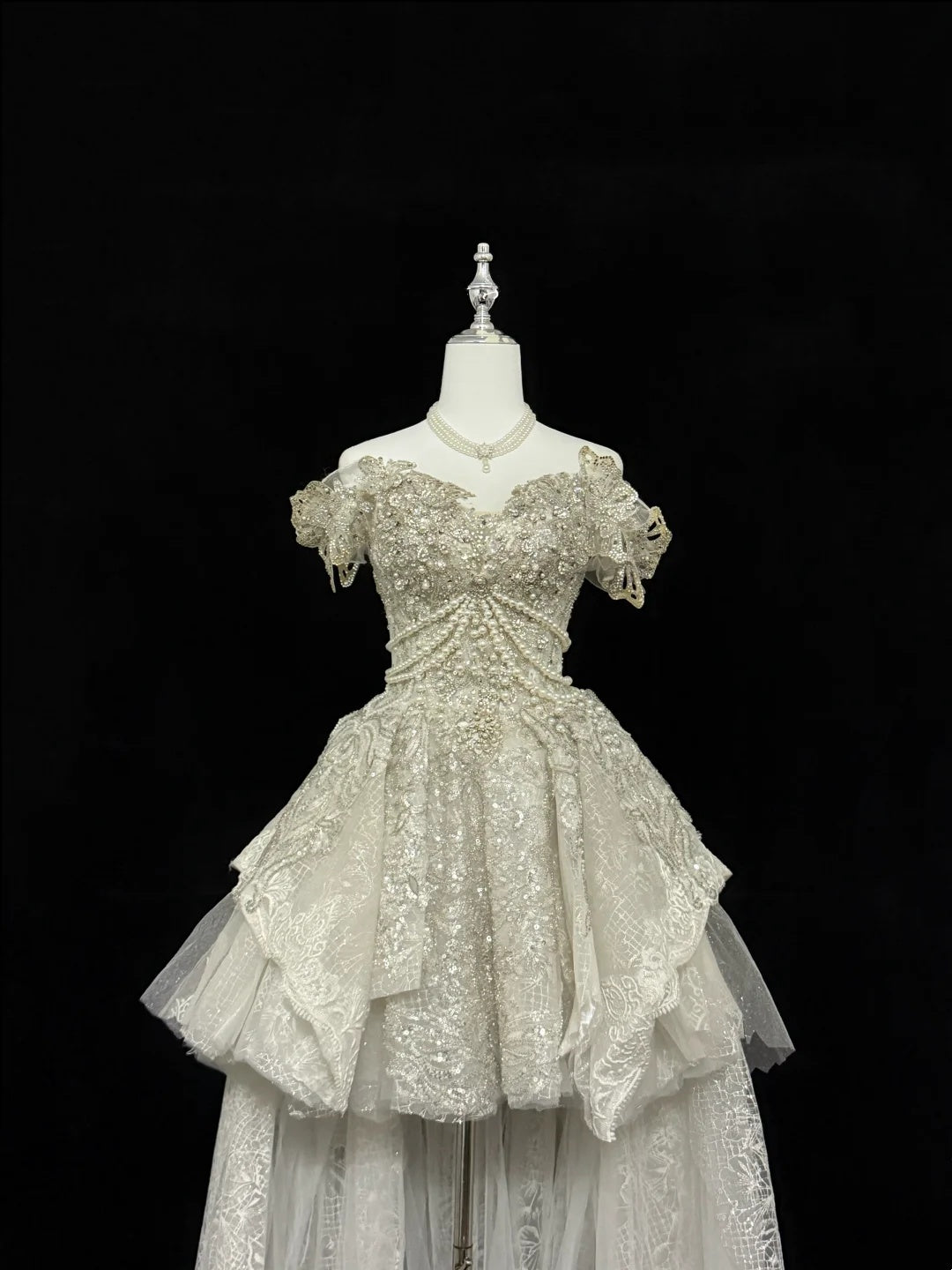 Glamorous Ivory Off The Shoulder Heavy Beaded Pearl Lace High Low A Line Short Homecoming Dress Birthday Wedding Dress AS3189