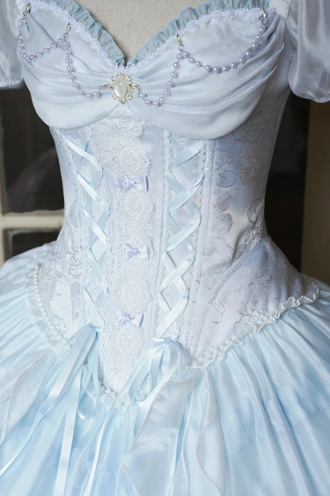 Dreamy Light Blue Sweetheart Puff Short Sleeves Beaded Lace Bow Corset A Line Lolita Short Homecoming Dress Birthday Dress AS3196