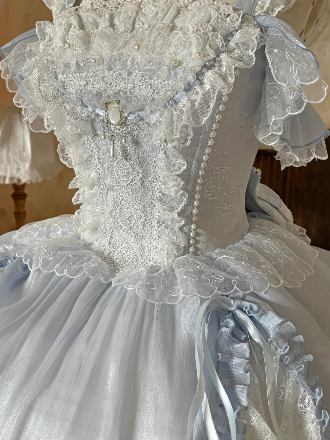 Airy Light Blue Straps Off Shoulder Heavy Lace A Line Lolita Short Homecoming Dress Birthday Dress AS3197