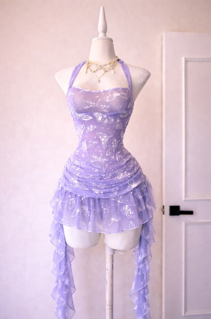 Whimsical Pink Butterfly Print Halter Mini Homecoming Dress With Ruffle Trails AS320
