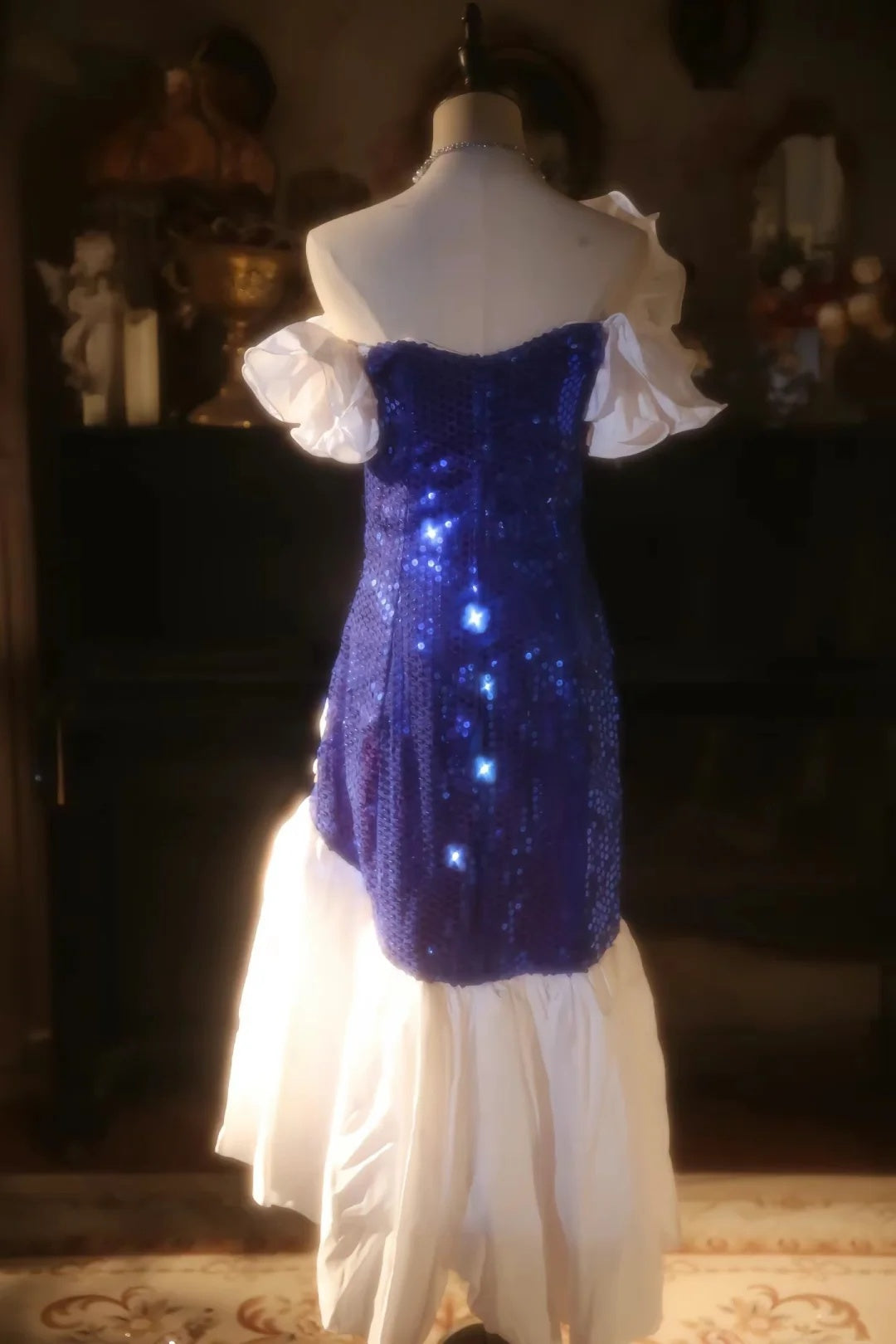 Stunning Royal Blue Sequin Off Shoulder V Neck White Ruffle Mermaid Midi Homecoming Dress Birthday Party Dress AS3202