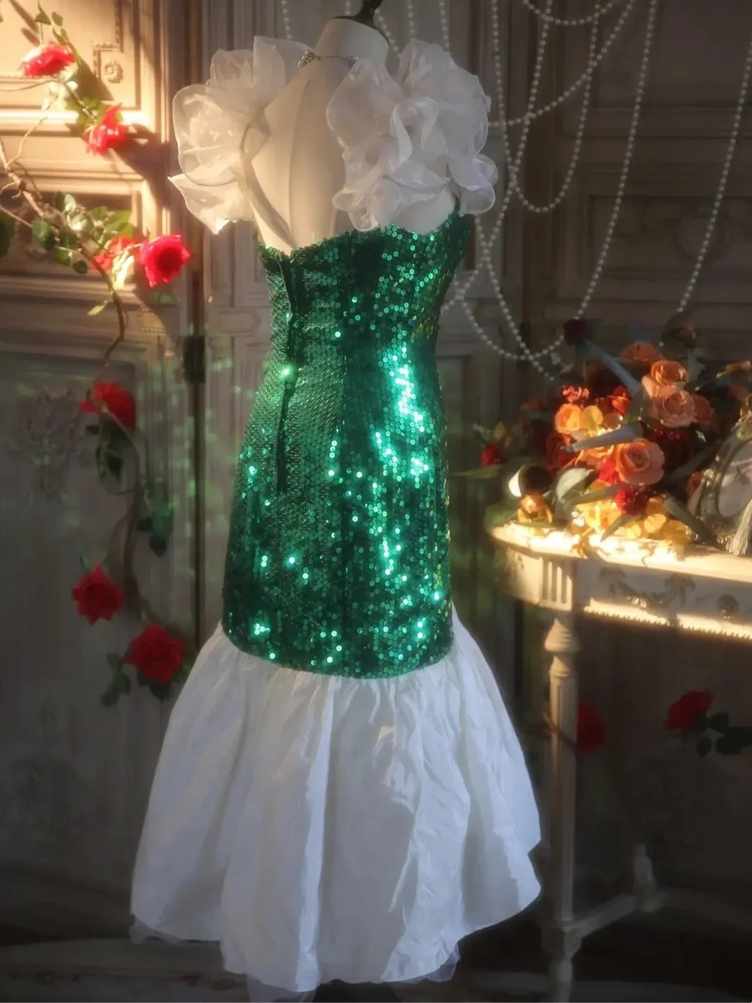 Gorgeous Emerald Green Sequin Off Shoulder Ruffle Mermaid Midi Homecoming Dress Birthday Party Dress AS3203
