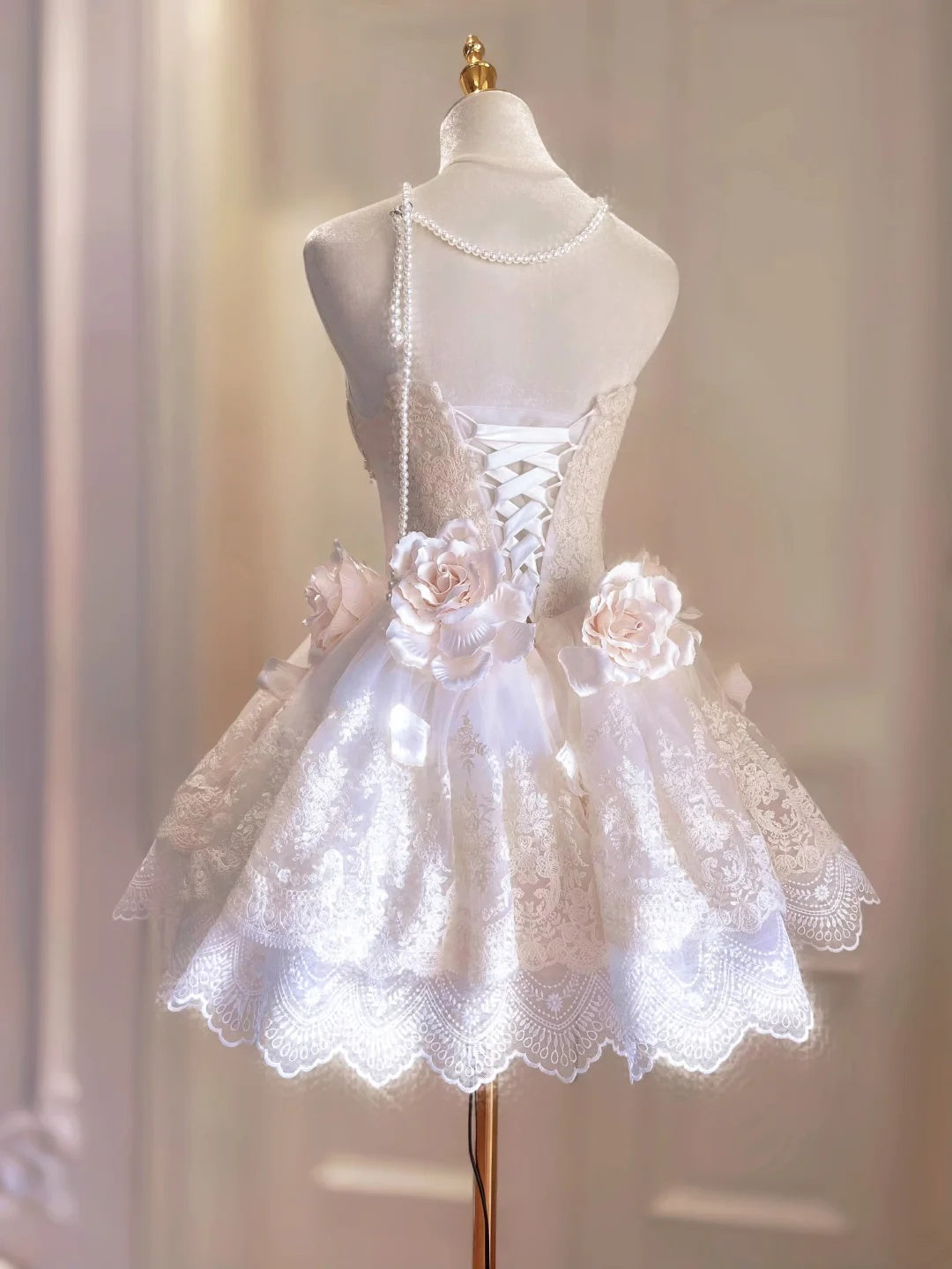 Romantic Ivory Strapless Sweetheart Lace Beaded 3D Floral A-Line Short Homecoming Dress Birthday Dress AS3228