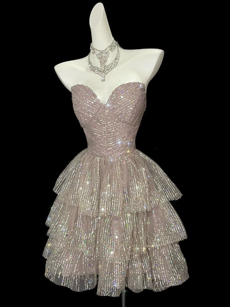 Sparkly Pink Strapless Sweetheart Sequin A Line Short Birthday Party Dress Homecoming Dress AS3238