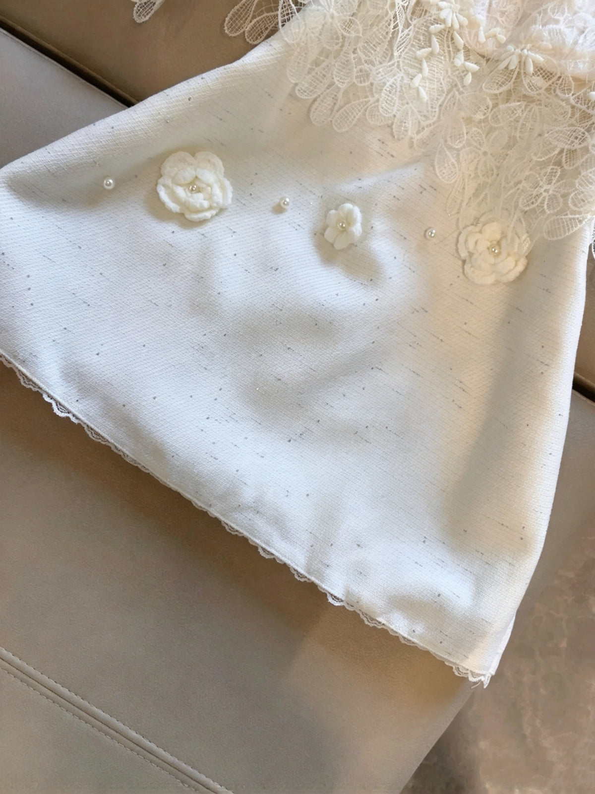 Elegant White Spaghetti Straps 3D Floral Pearl A Line Short Homecoming Dress Birthday Dress With Lace Trim Shrug Set AS3261